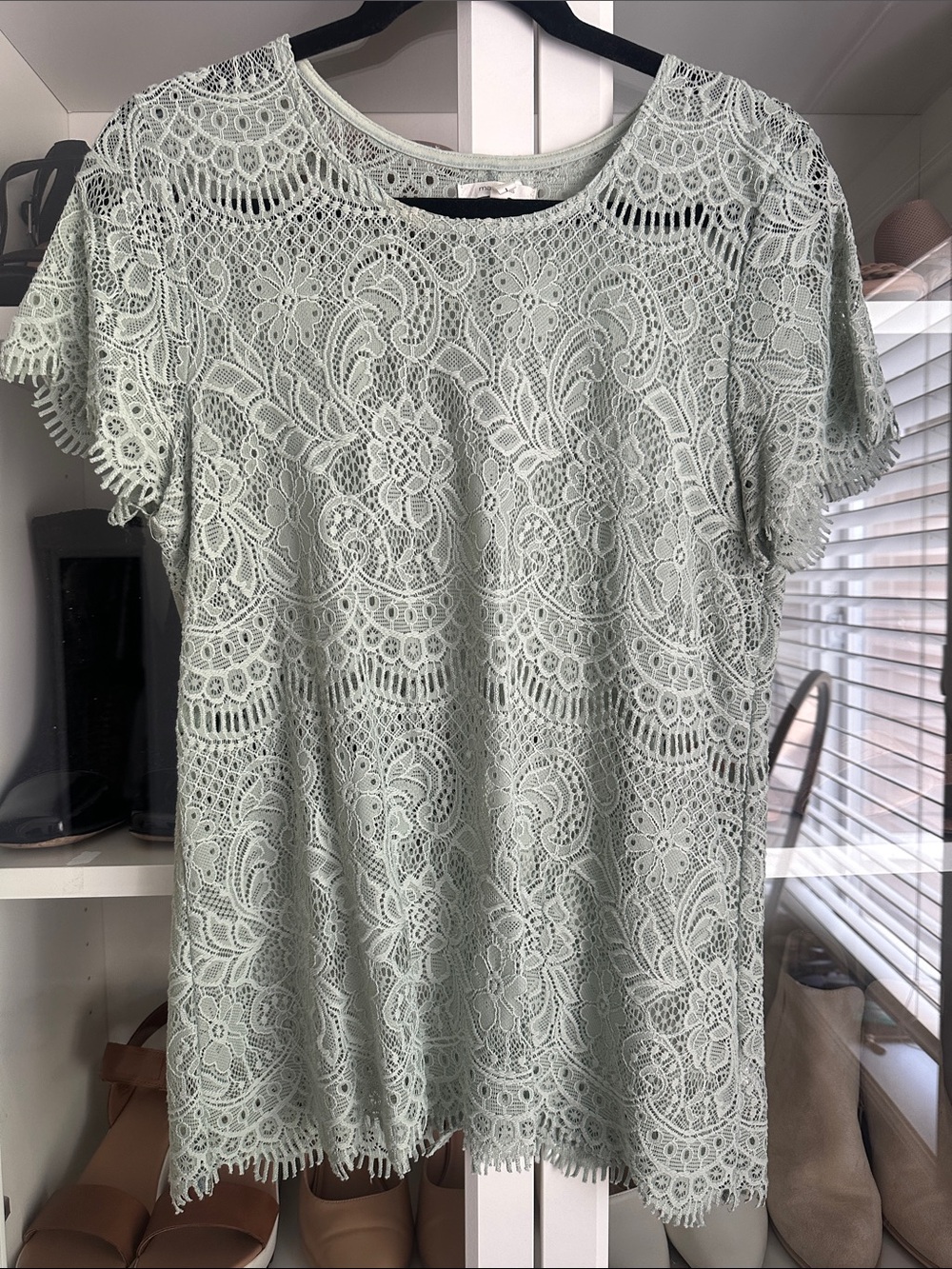 Maurice’s Large Light Sage Sheer Lace Short Sleeve Boho Top
